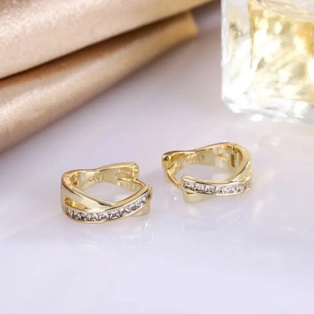 S925 Sterling Silver Earrings Inlaid Crystal Round Plating Earrings Engagement - Picture 5 of 6